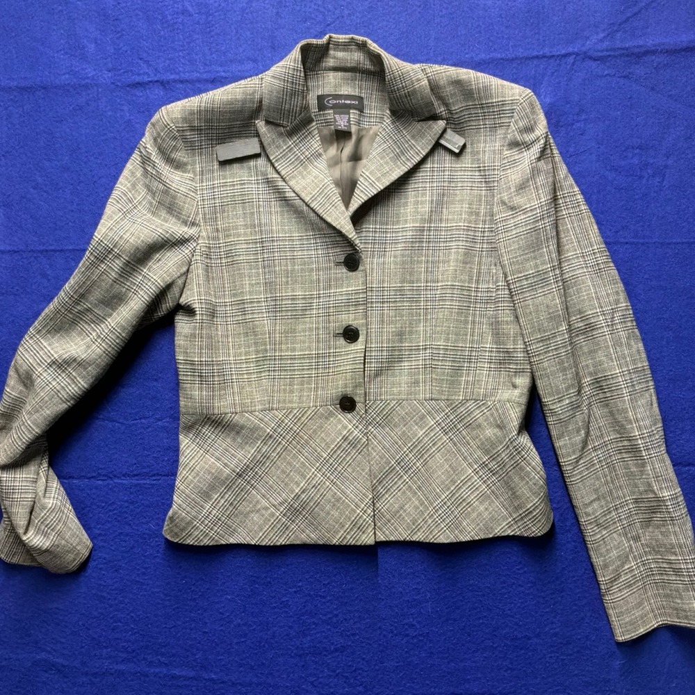 Dark Academia Womens Context Plaid Blazer 4 Grey Wool Blend Glen Check Jacket
